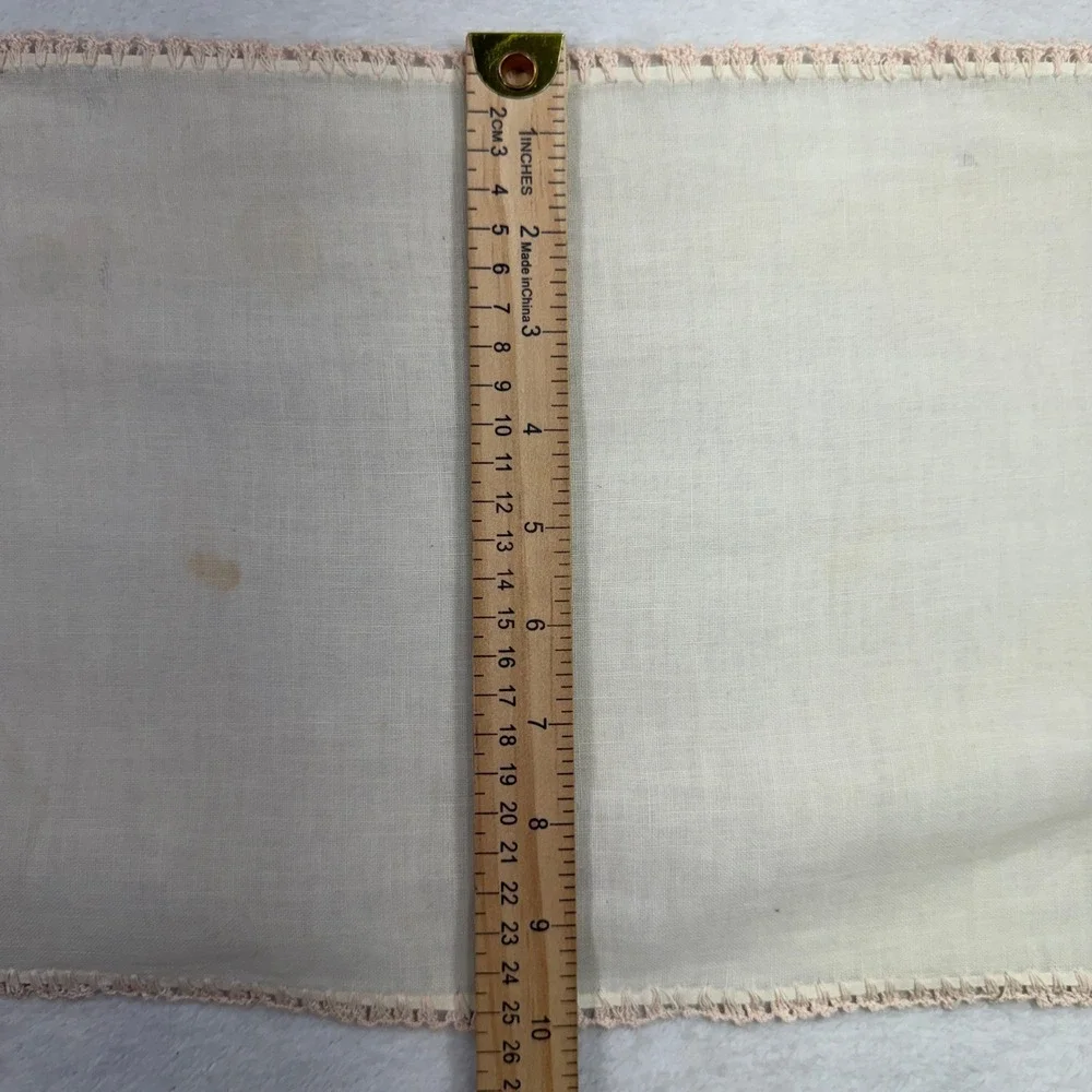 Vintage 35x10 Dresser Runner Hand Embroidered Floral Figures Cream Crochet Trim